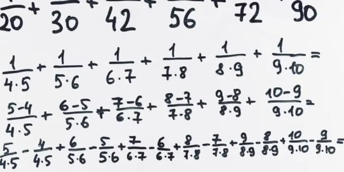 Как решить пример (1/20) + (1/30) + (1/42) + (1/56) + (1/72) + (1/90) = ?