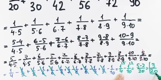 Как решить пример (1/20) + (1/30) + (1/42) + (1/56) + (1/72) + (1/90) = ?