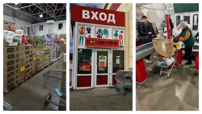 Торговый зал (слева), вход в магазин (по центру) и касса (справа) магазина «Светофор»